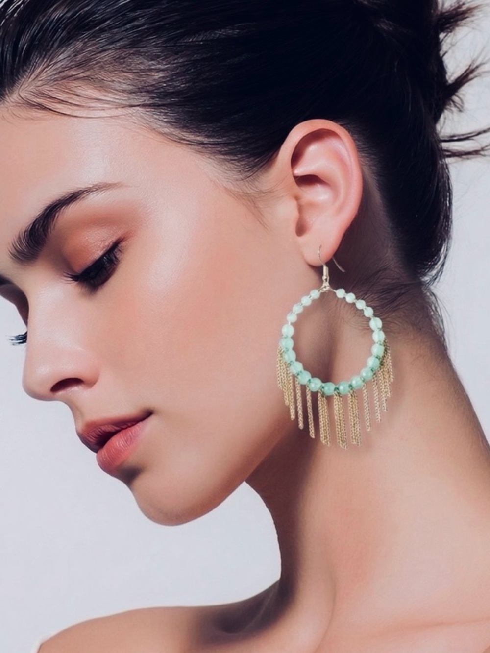 Plunder Amy Mint Beads Earrings Fringe Detail Gold Tone New in Package + Pouch